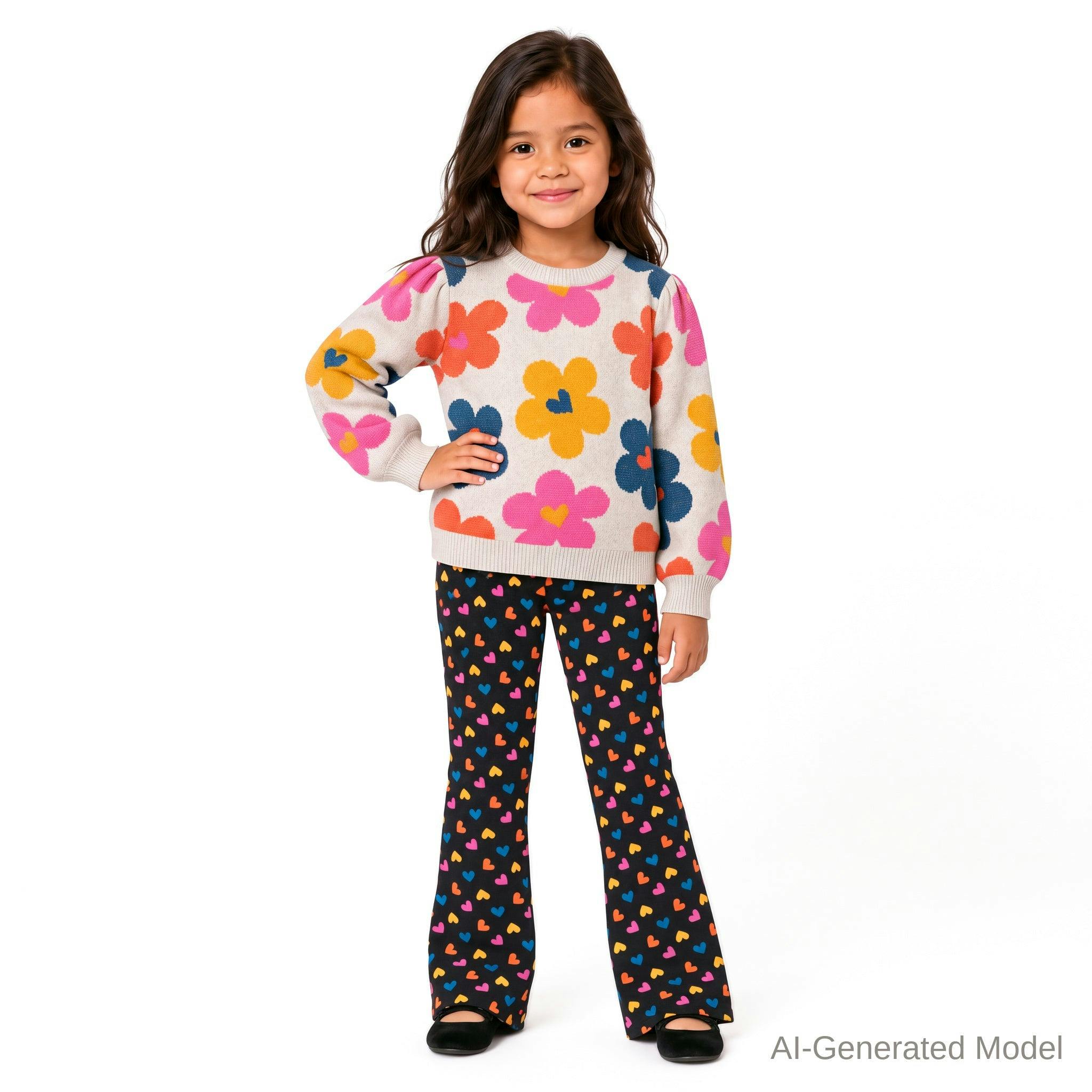 Girls Sweater & Flare Legging Set | Flowers & Hearts