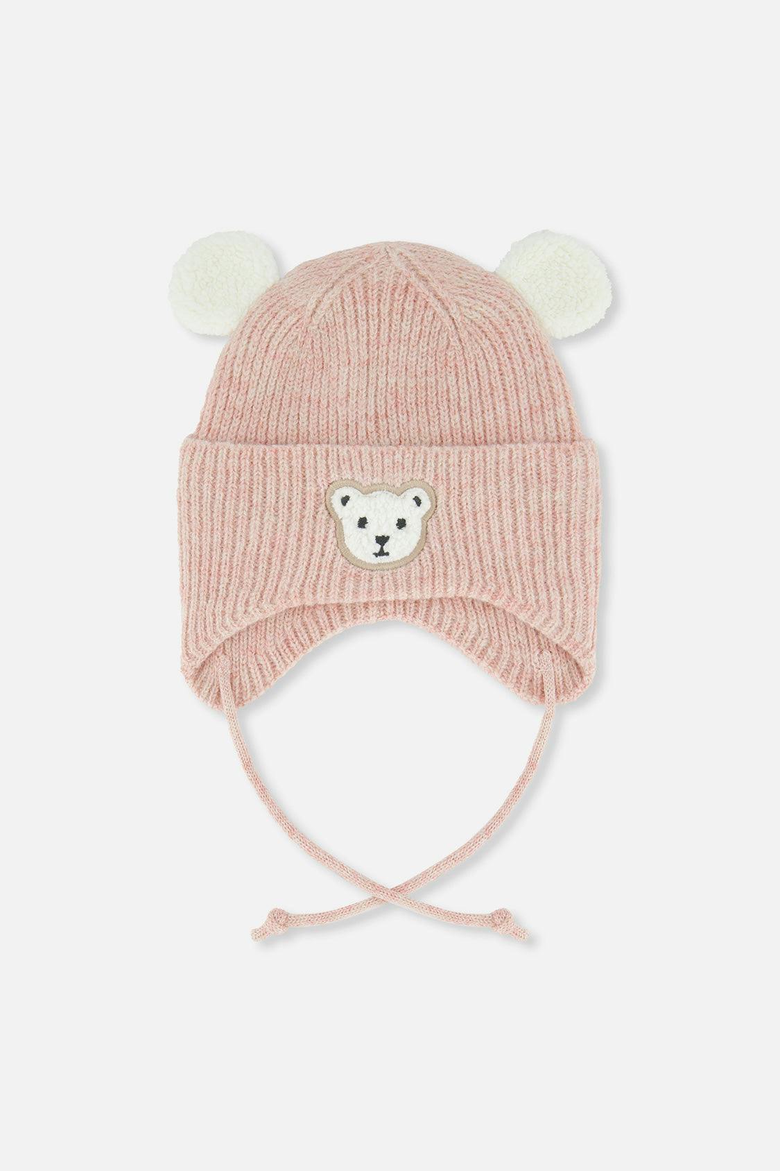 Baby Winter Knit Hat With Ear Flaps And Ears Pale Dusty Pink