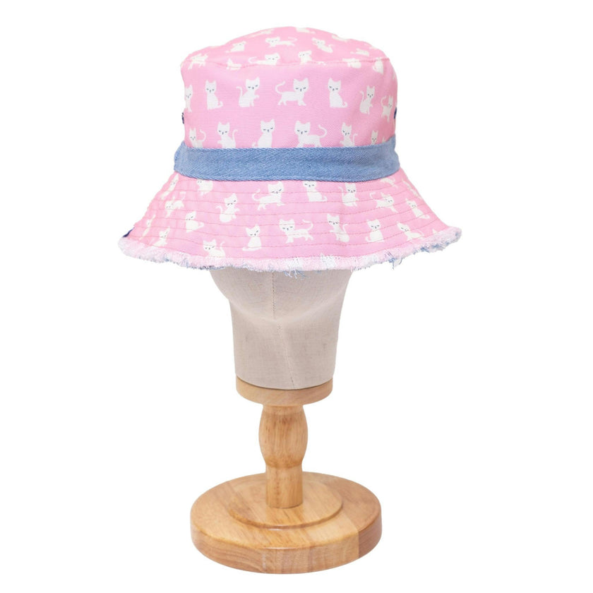 Reversible Kids Denim Bucket Hat – Embroidered Kittens & Pink Canvas Print | Frayed Brim