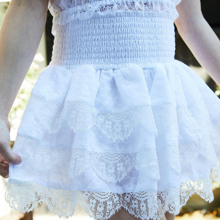 Gemma White Heart Smocked Ruffle Mini Skirt