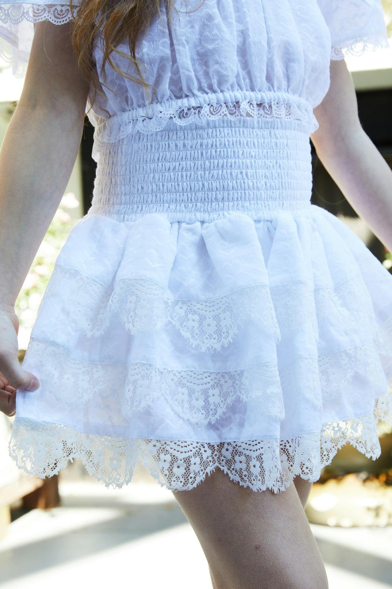 Gemma White Heart Smocked Ruffle Mini Skirt