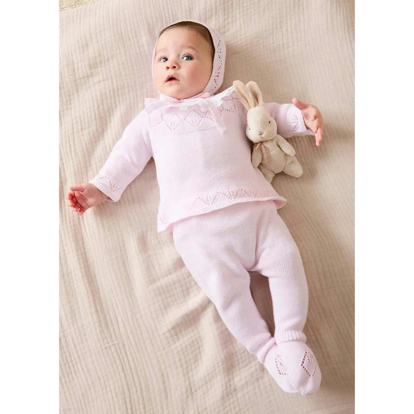 Diamond Openwork Three Piece Knitted Set in Light Blue (1-9mths)