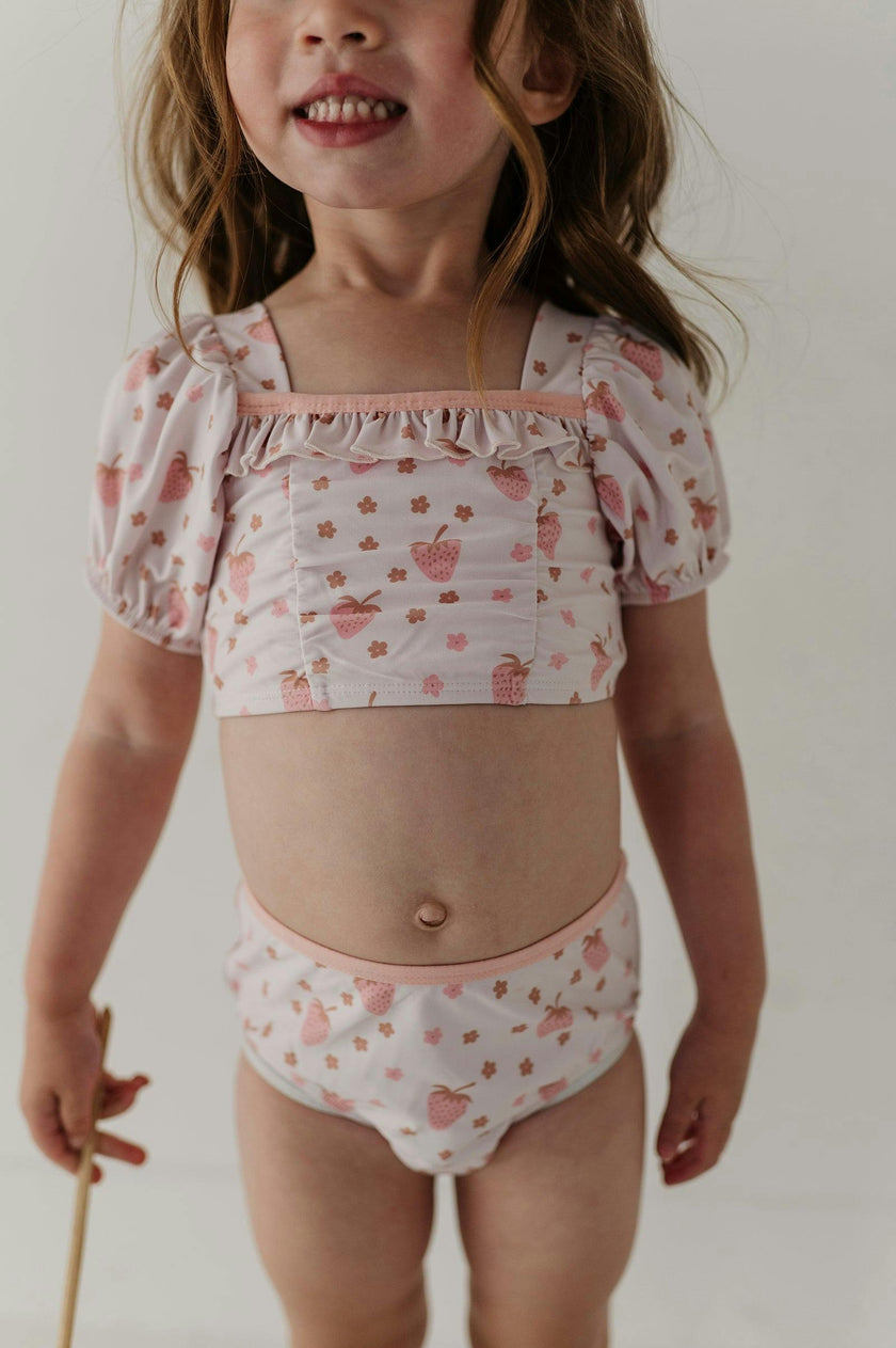 Girls Puff Sleeve Two-Piece Swimsuit in Strawberries