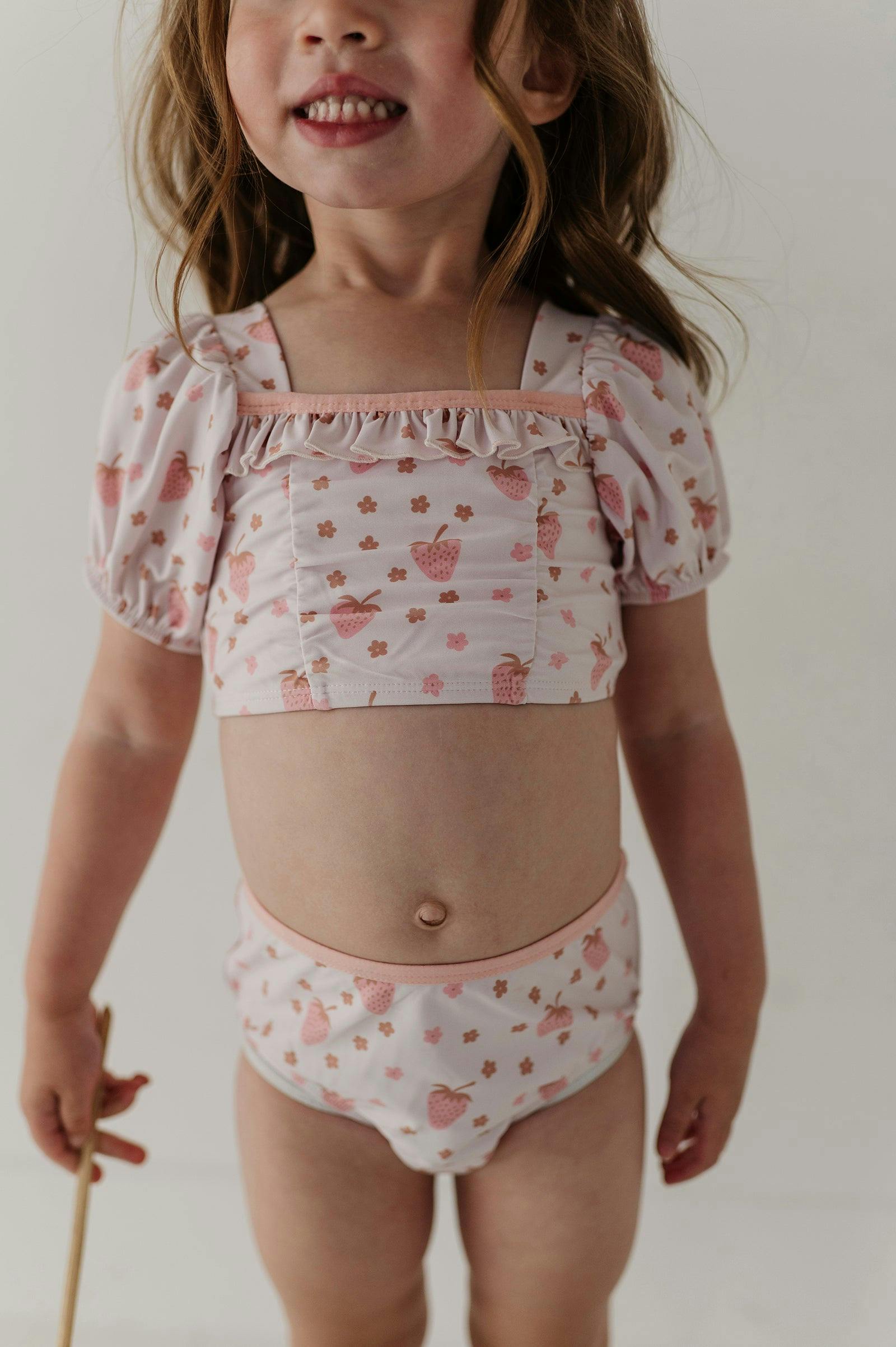 Girls Puff Sleeve Two-Piece Swimsuit in Strawberries