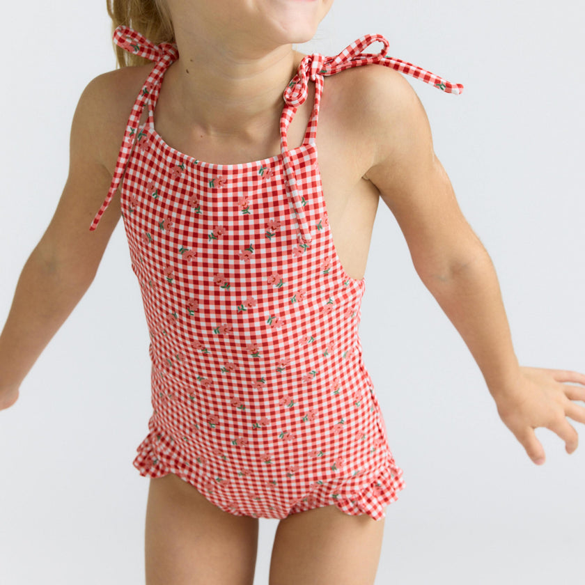 girls cranberry gingham halter one piece