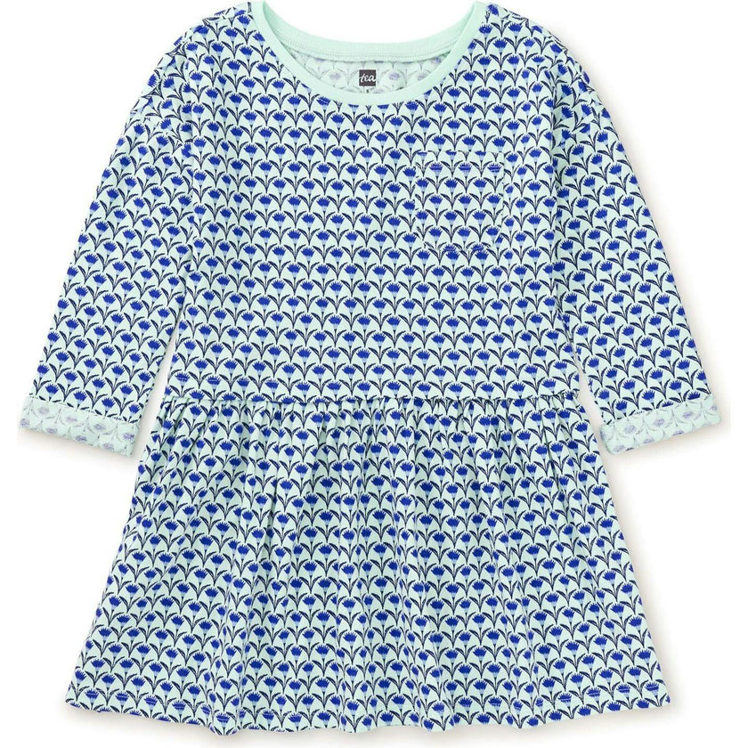 Original Print Boat Neck Long Sleeve Pocket Play Dress, Blue