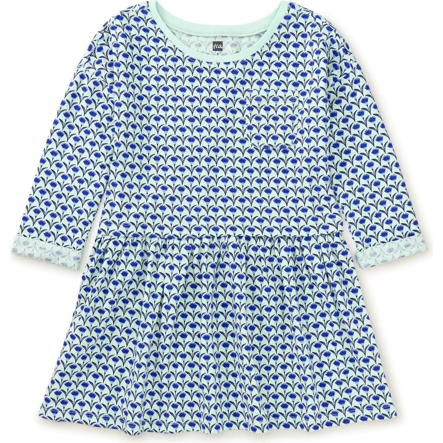 Original Print Boat Neck Long Sleeve Pocket Play Dress, Blue