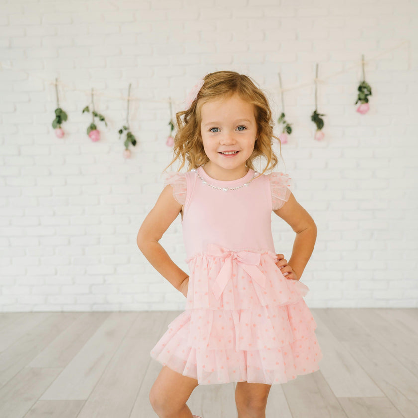 Flocked Heart Tiered Short Sleeve Tutu Dress