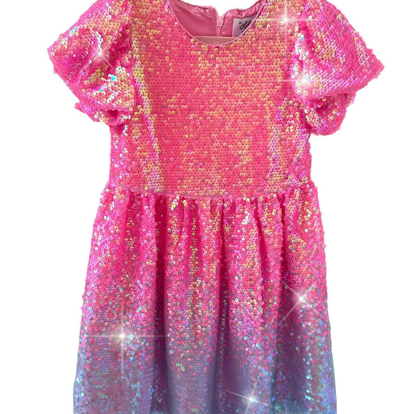 Bubble Gum Short Puff Sleeve Shimmer Sequin Dress