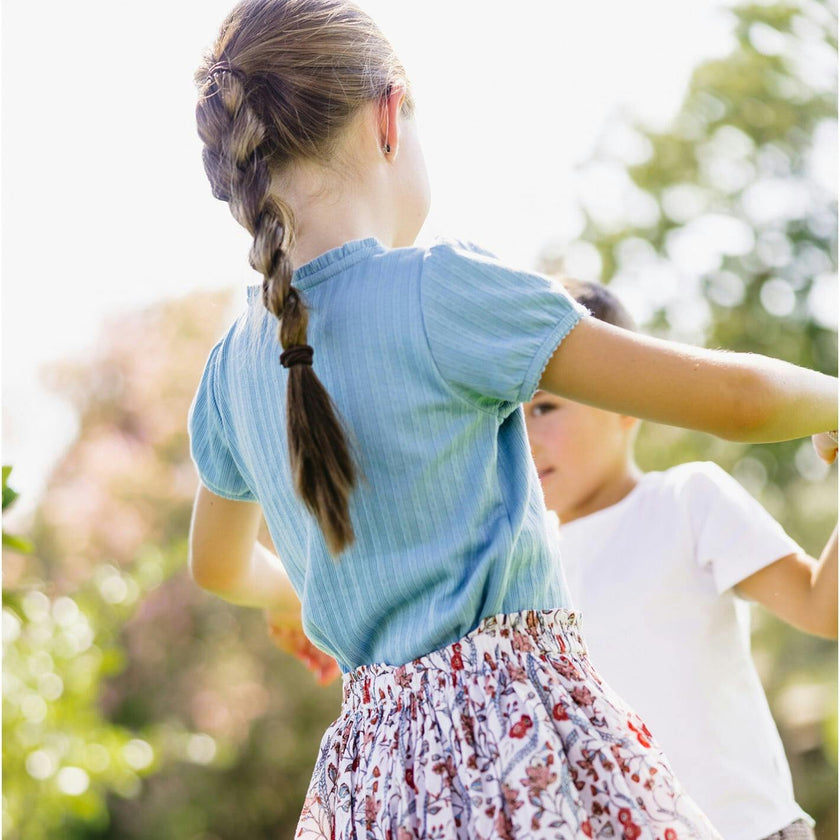 girls dusk blue ruffle pointelle puff sleeve shirt