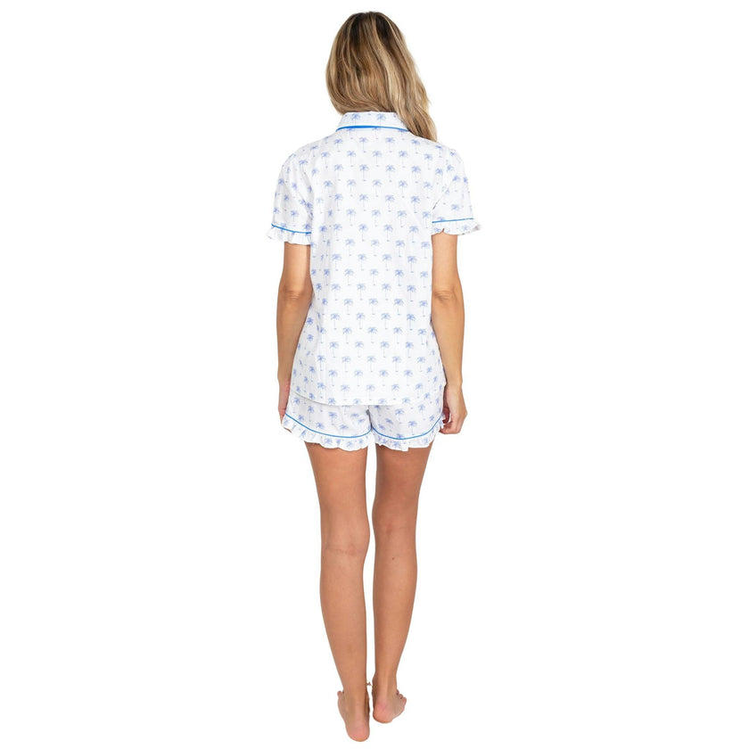 Women's Blue Palm Tree Short PJ Set - Organic Cotton Poplin