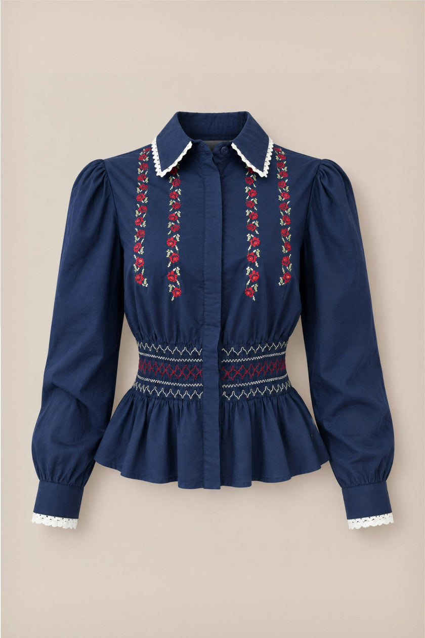 Bluebell Top in Sapphire Rosette Embroidery