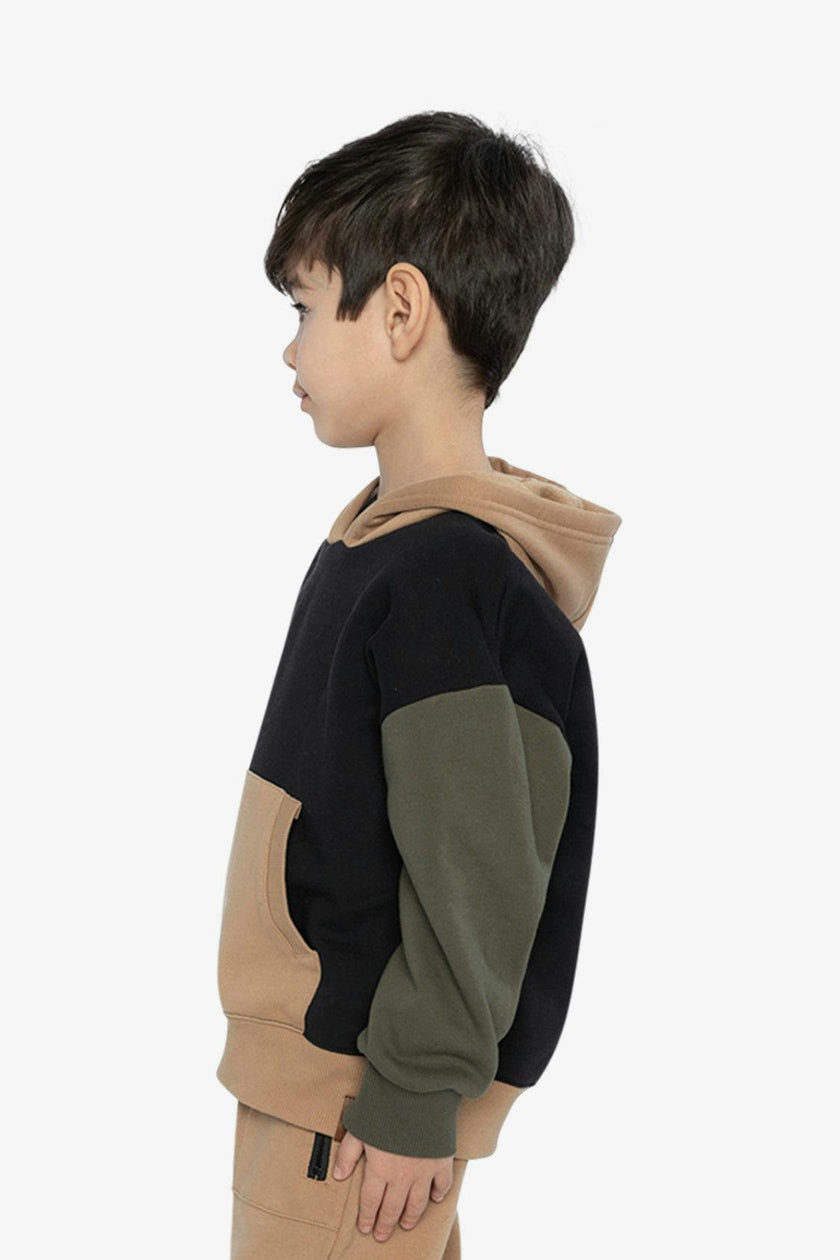 Hooded Colorblock Fleece Cardigan Black, Green and Beige