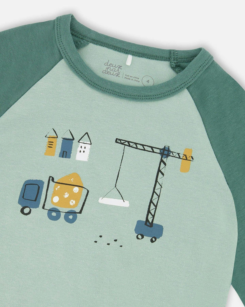 Two-Piece Organic Cotton Pajama Set Teal Construction Print