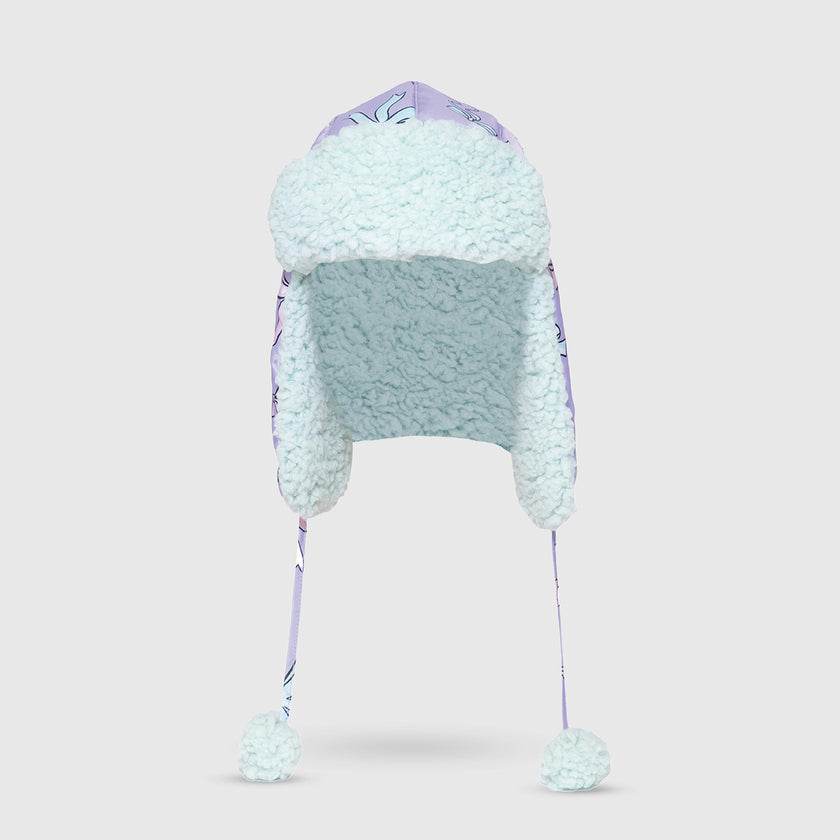 The Cozy Trapper Hat – Bows Print with Pale Aqua Sherpa Liner & Pompoms