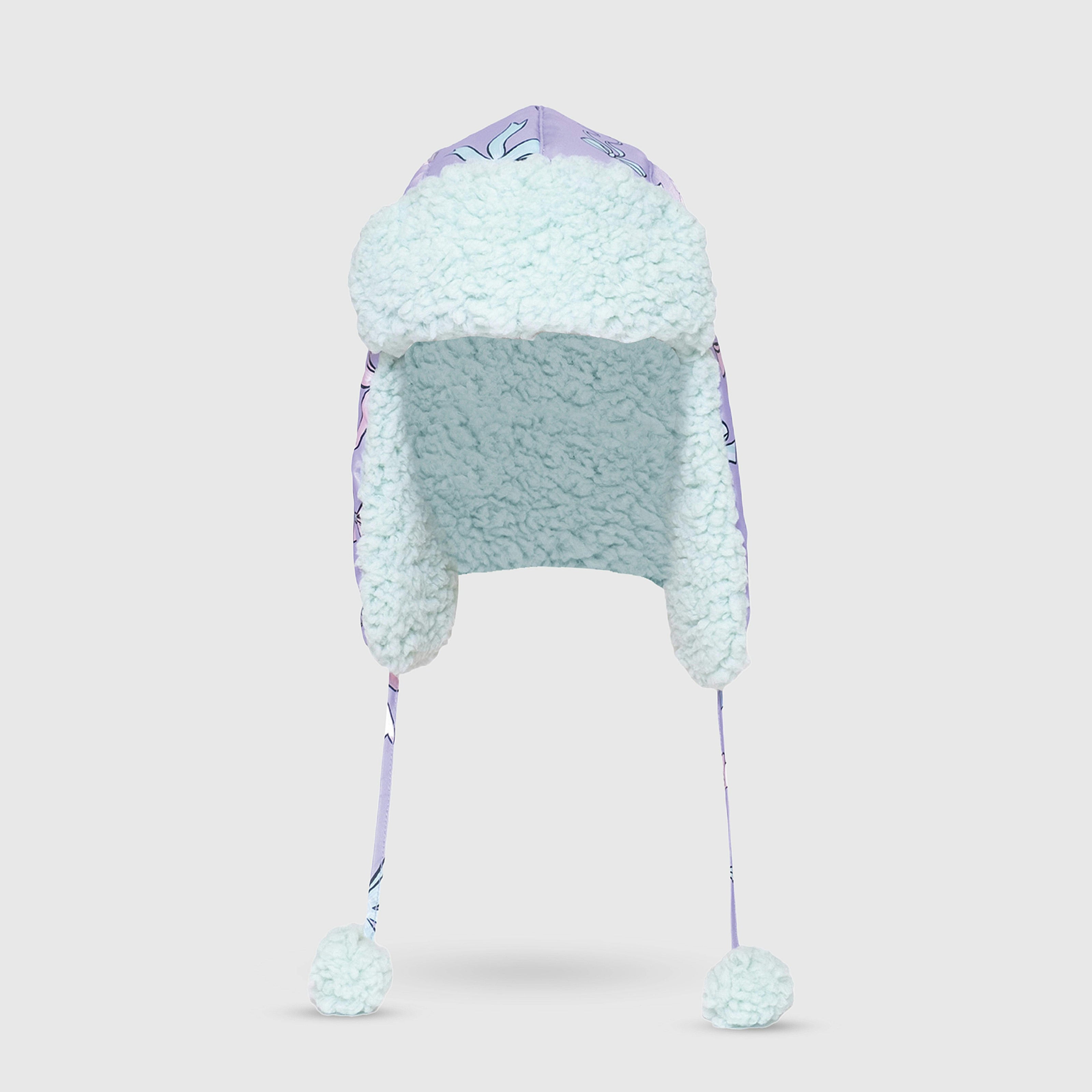 The Cozy Trapper Hat – Bows Print with Pale Aqua Sherpa Liner & Pompoms