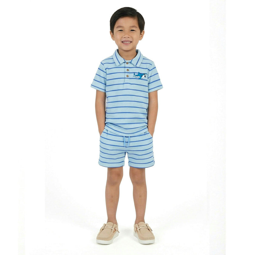 Boys Striped Waffle Polo Set | Blue Shark
