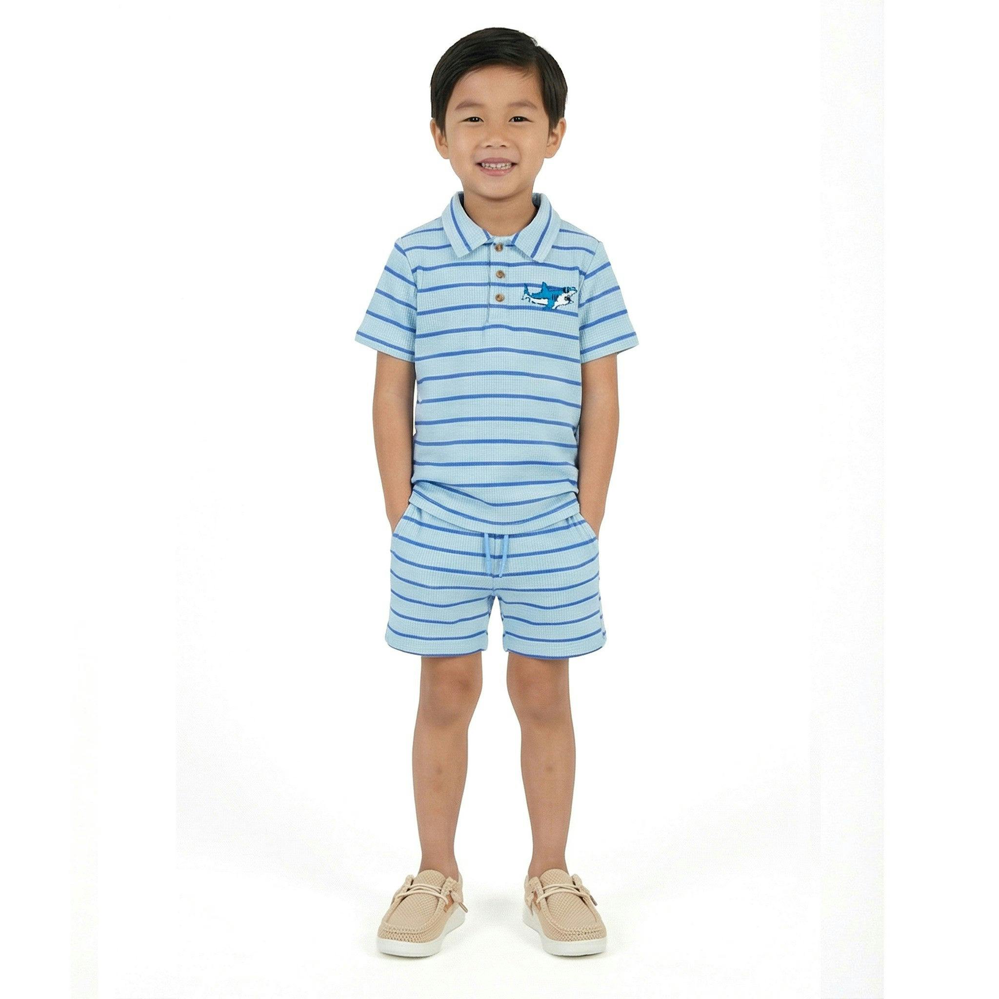 Boys Striped Waffle Polo Set | Blue Shark