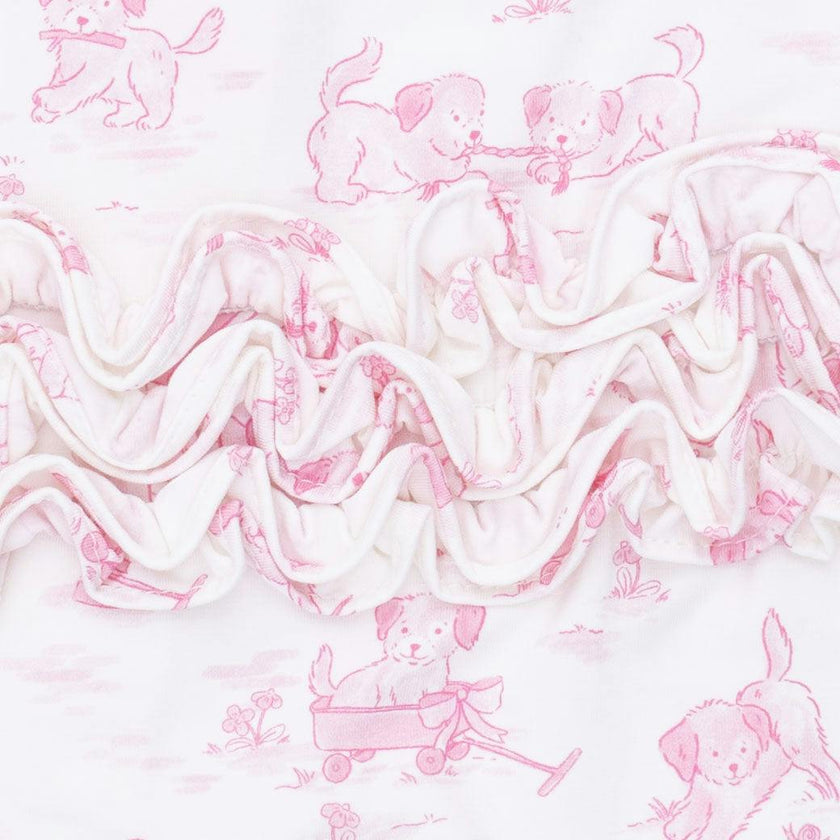 Puppy Toile Pink - 2 Way Ruffle Back Zipper Footie with Bandana Bib, and Swaddle Blanket Set