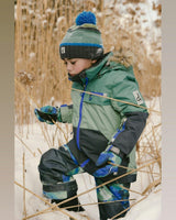 Two Piece Play Snowsuit Green And Navy Colorblock With Blue Camouflage Pants