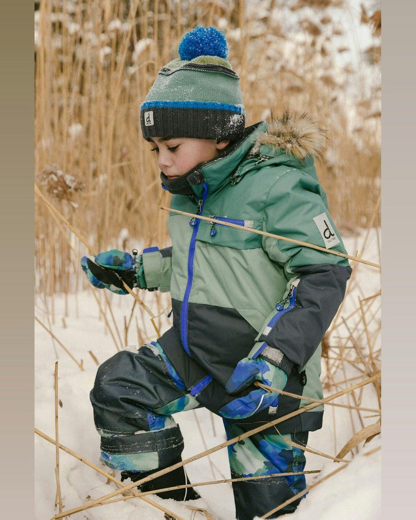Two Piece Play Snowsuit Green And Navy Colorblock With Blue Camouflage Pants