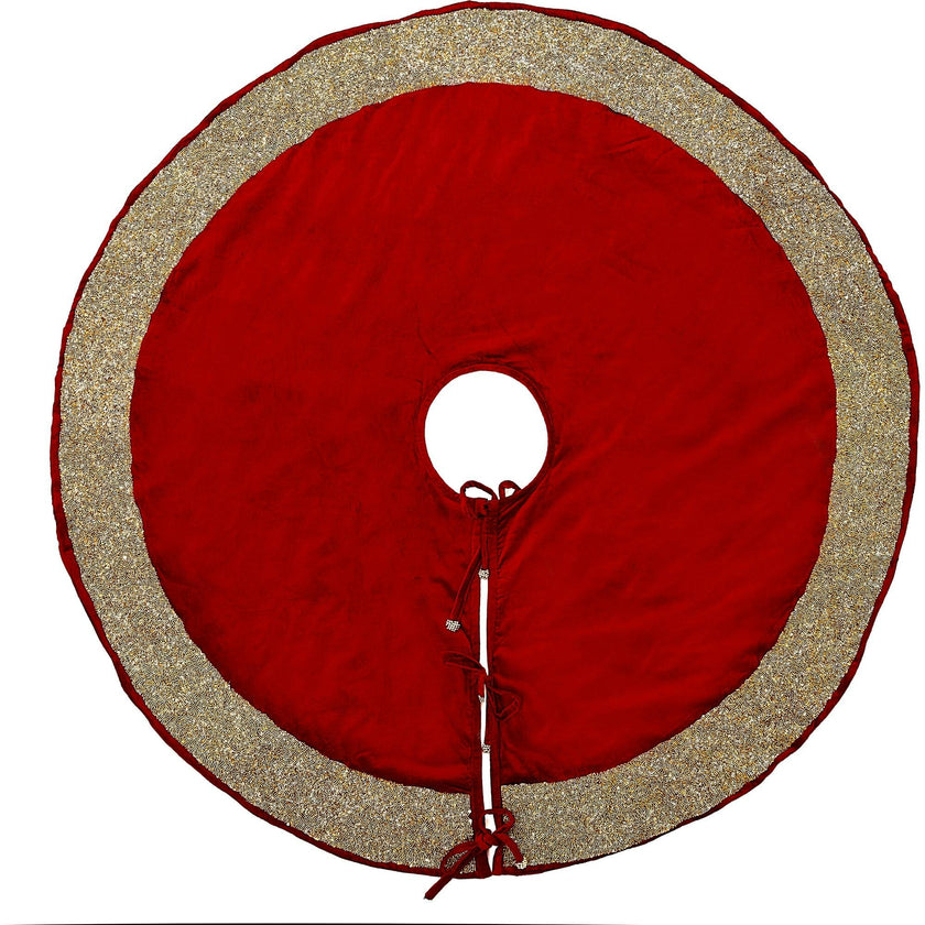 Red Velvet Christmas Tree Skirt Hand Beaded Gold Border - 60" / 72"