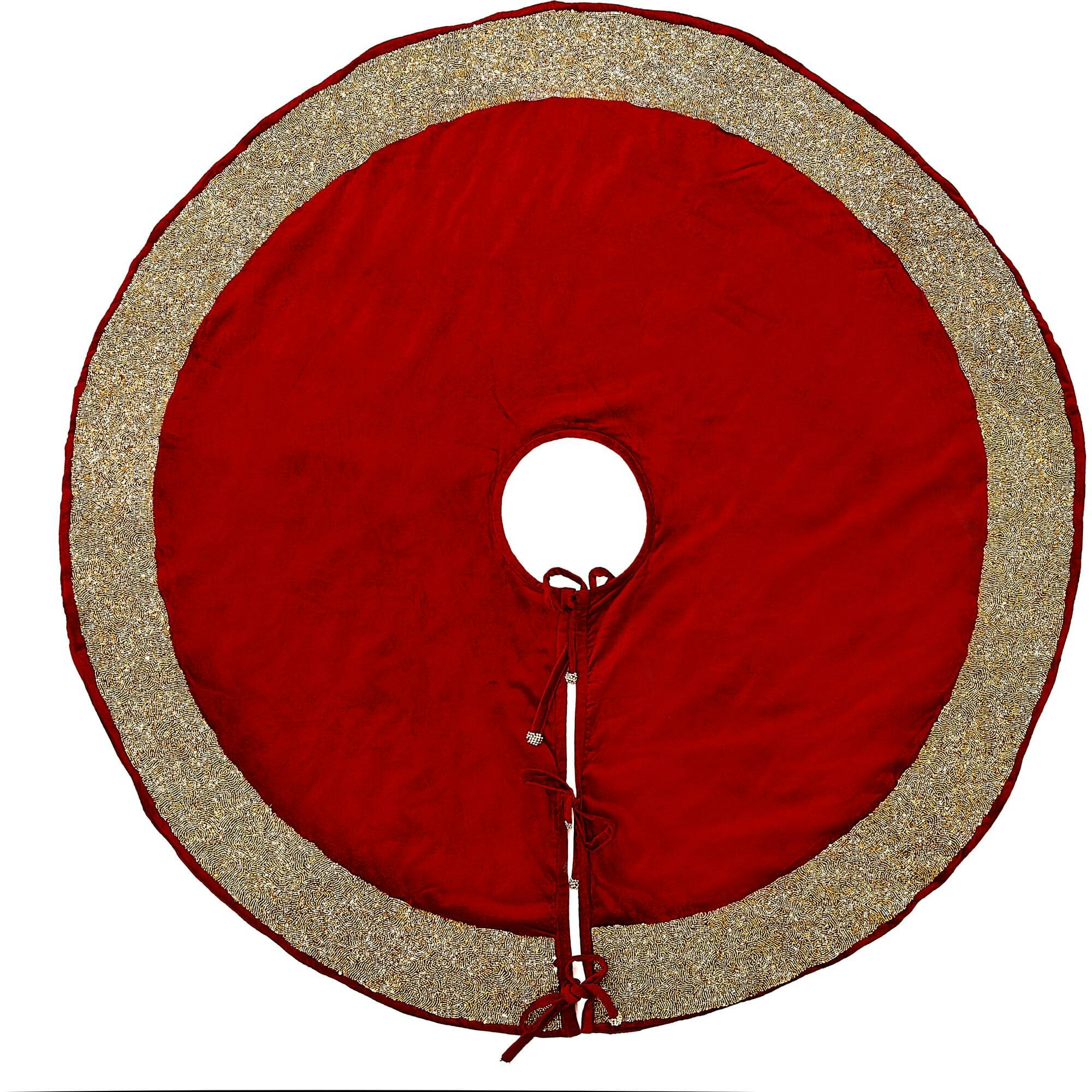 Red Velvet Christmas Tree Skirt Hand Beaded Gold Border - 60