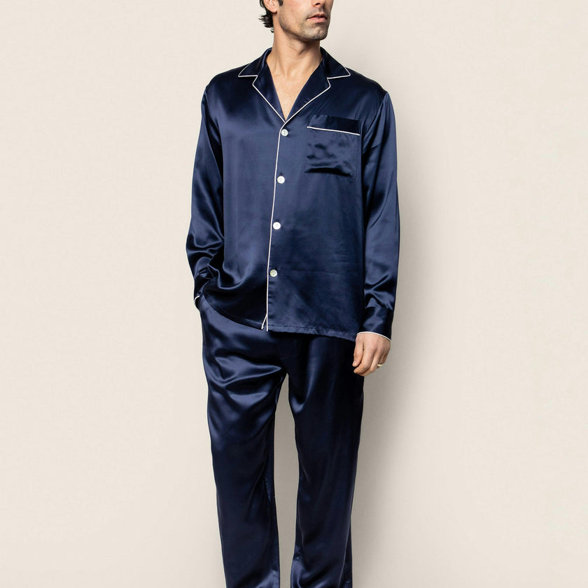 Men's Silk Pajama Set in Navy