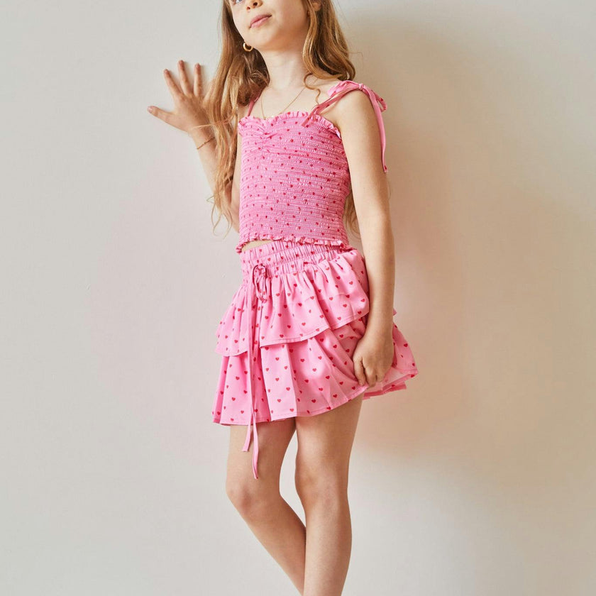 Georgia Pink With Red Hearts Satin Smocked Top
