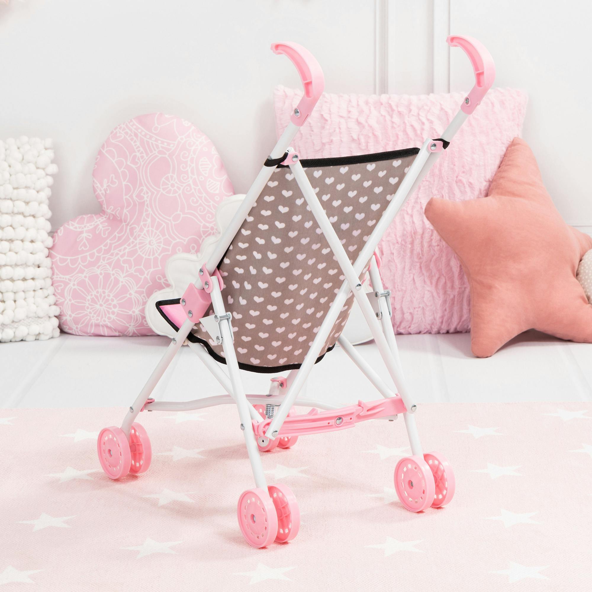 Bayer Design Dolls: Buggy Umbrella Stroller - Hearts Black & Pink