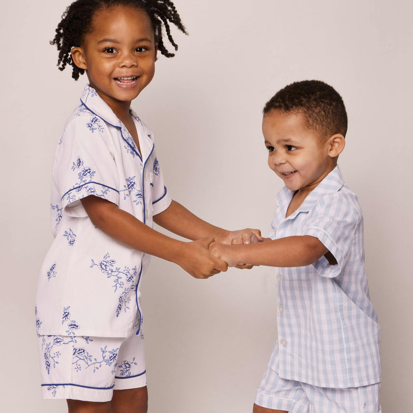 Kid's Twill Pajama Short Set in Light Blue Gingham