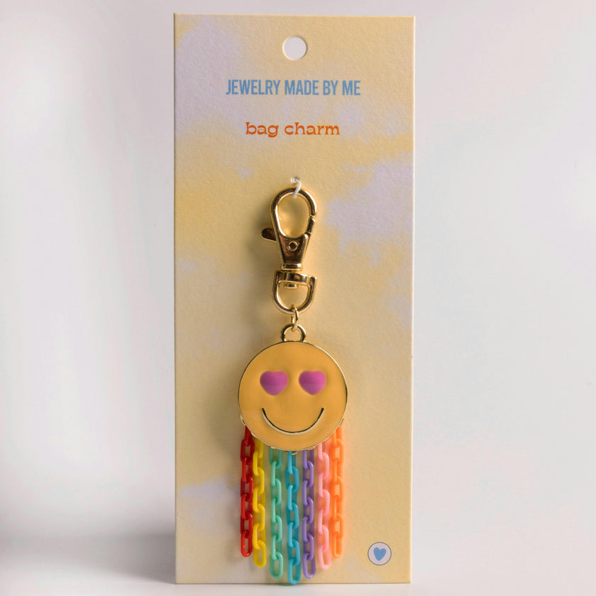 JMBM Kids Heart Eyes Emoji Enamel Happy Face Bag Backpack Charm Clip with Rainbow Chain Fringe