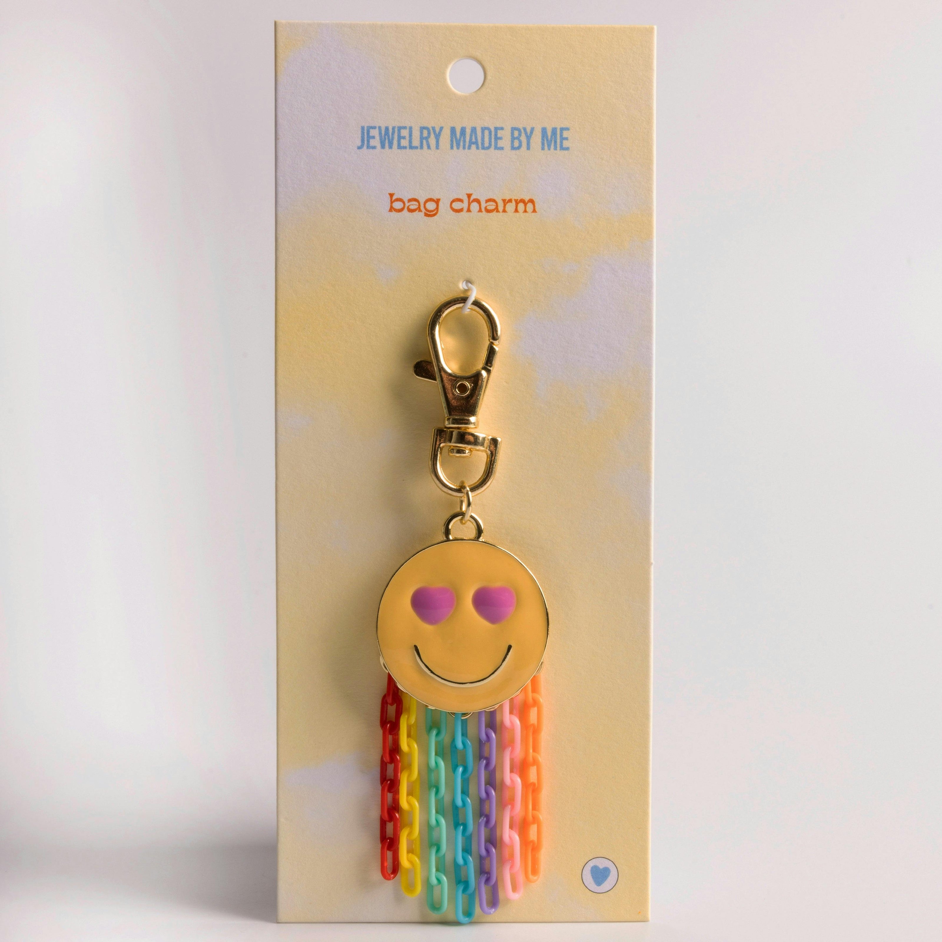 Enamel Happy Face Bag Charm Clip with Rainbow Chain Fringe