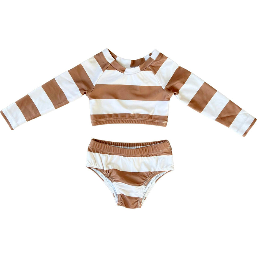 Girl's Two-Piece Crop Swimsuit Stripe in Toffee