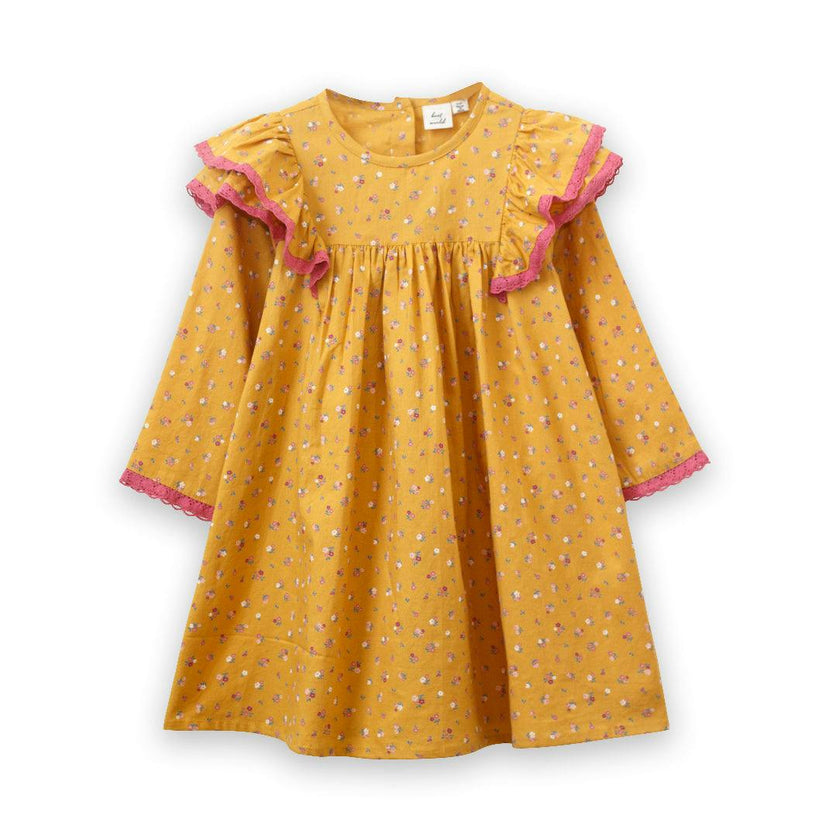 Toddler Long Flutter Sleeves Dress with Lace Trim