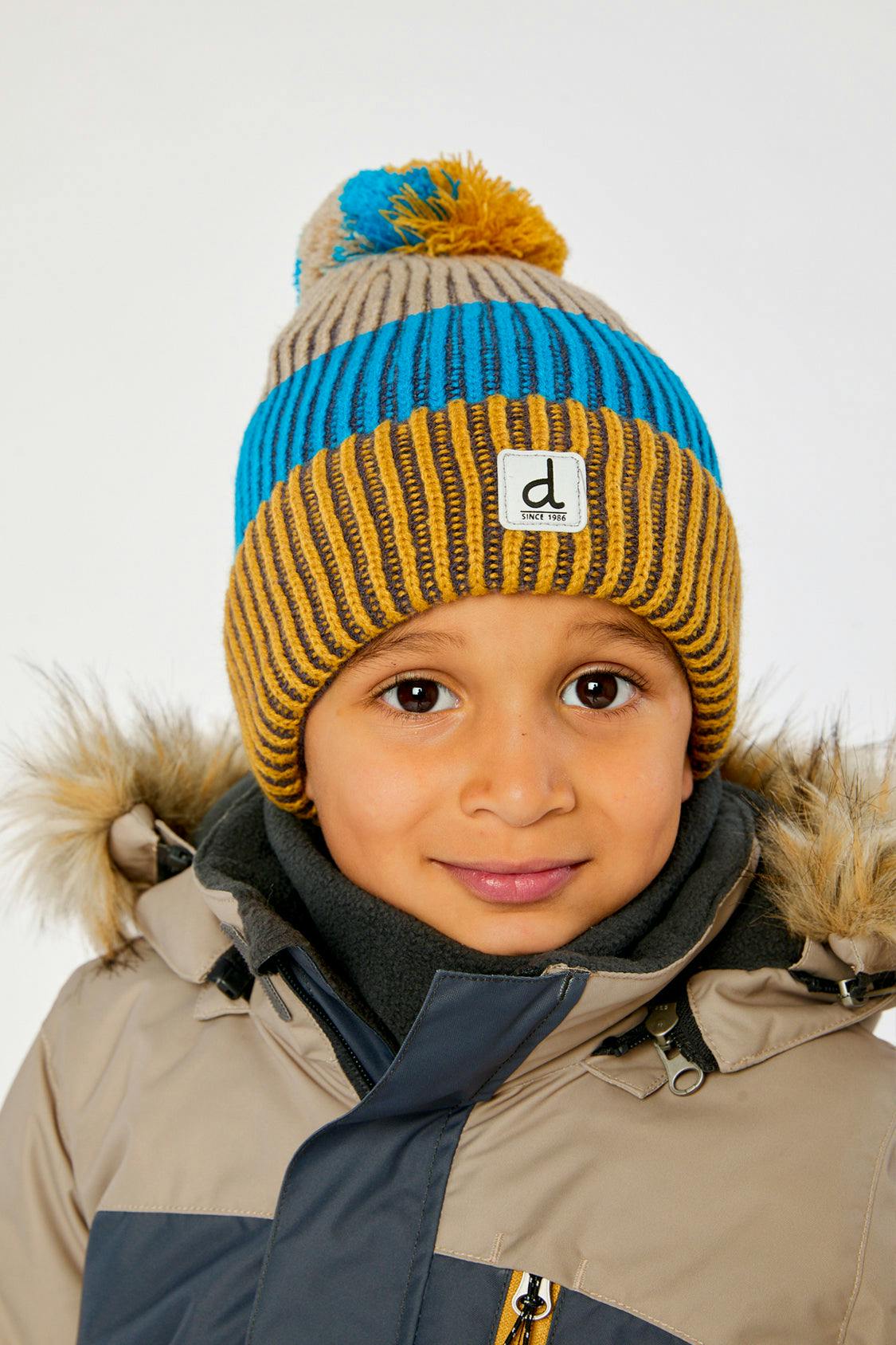 Winter Knit Hat with Pompom Blue and Yellow