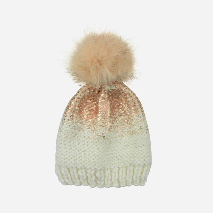 Pearl Metallic Hat with Fur Pom - Cream and Rose Gold