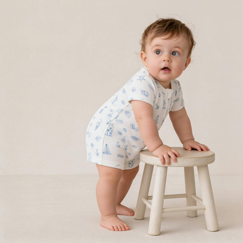 Organic Short Zip Romper - Coastal