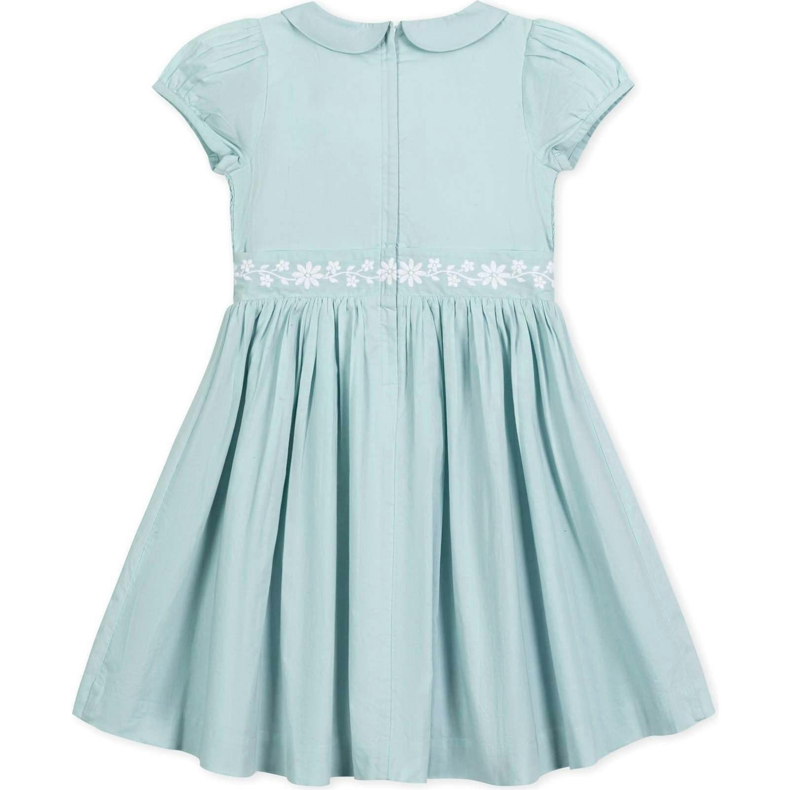 Organic Puff Sleeve Smocked Party Dress with Peter Pan Collar, Blue