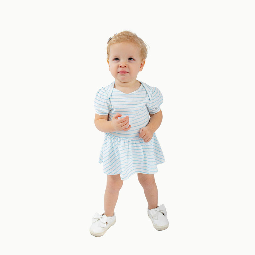 Puff Sleeve Onesie in Blue Heart Stripe