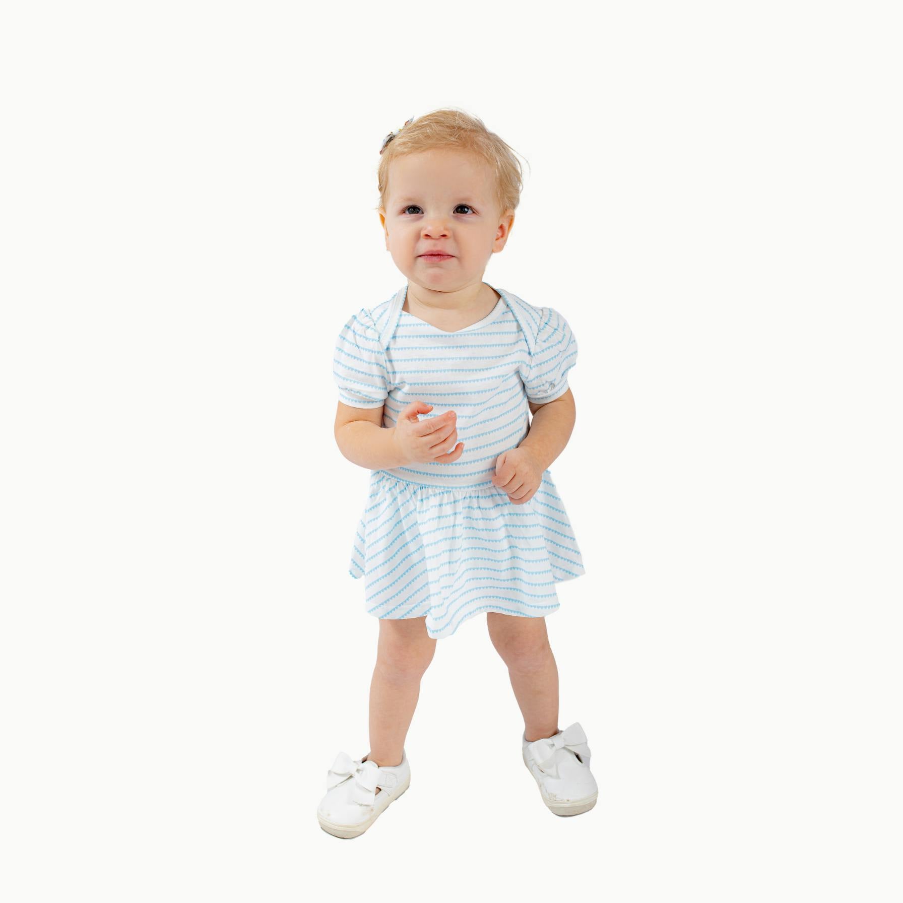 Puff Sleeve Onesie in Blue Heart Stripe