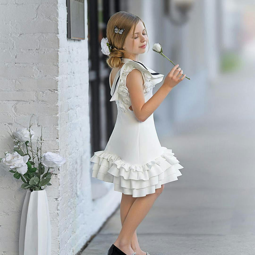 Alex White Ruffle Dress with Black Contrast Line