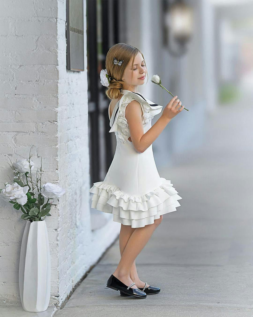 Alex White Ruffle Dress with Black Contrast Line