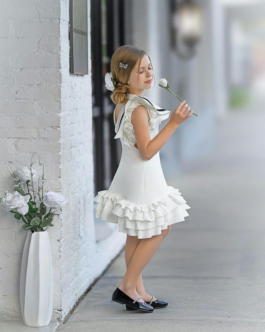 Alex White Ruffle Dress with Black Contrast Line