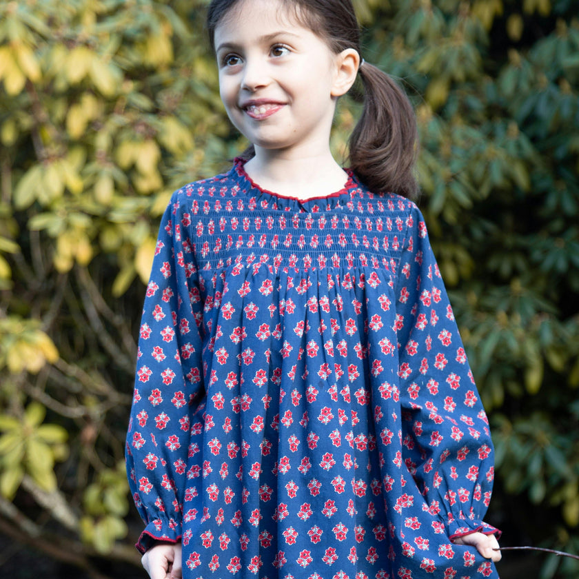 Girls All-Over Print Smocked Long Sleeve Dress
