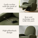 Nami Electronic Recliner & Swivel Glider Recliner With Usb Port in Olive Boucle with Light Wood Base