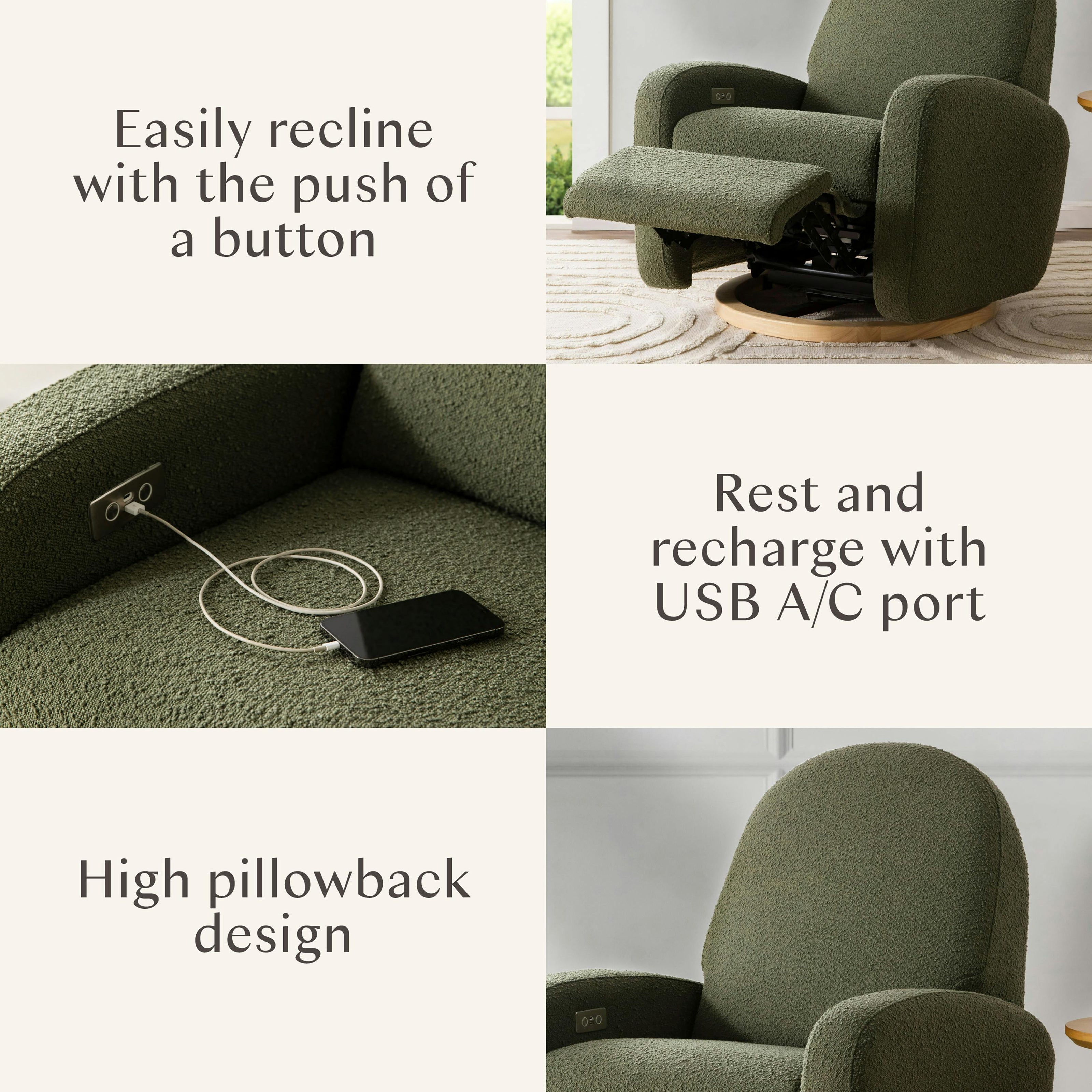 Nami Electronic Recliner & Swivel Glider Recliner With Usb Port in Olive Boucle with Light Wood Base