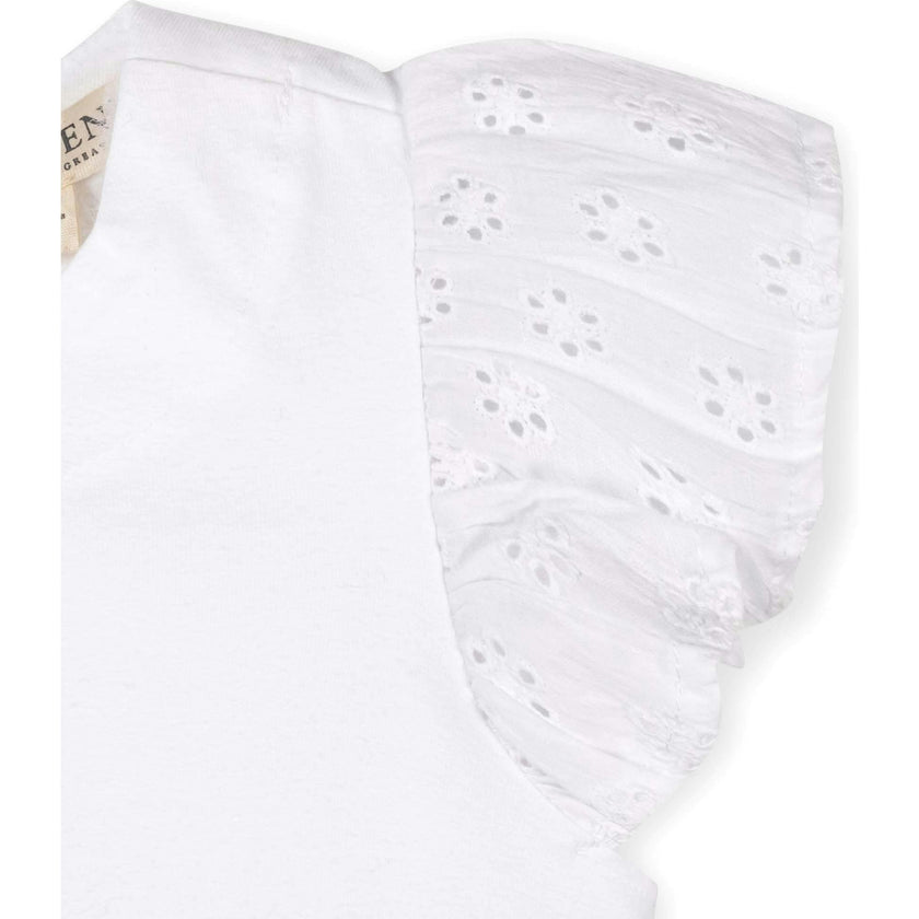 Organic Knit Top with Eyelet Flutter Sleeves, White