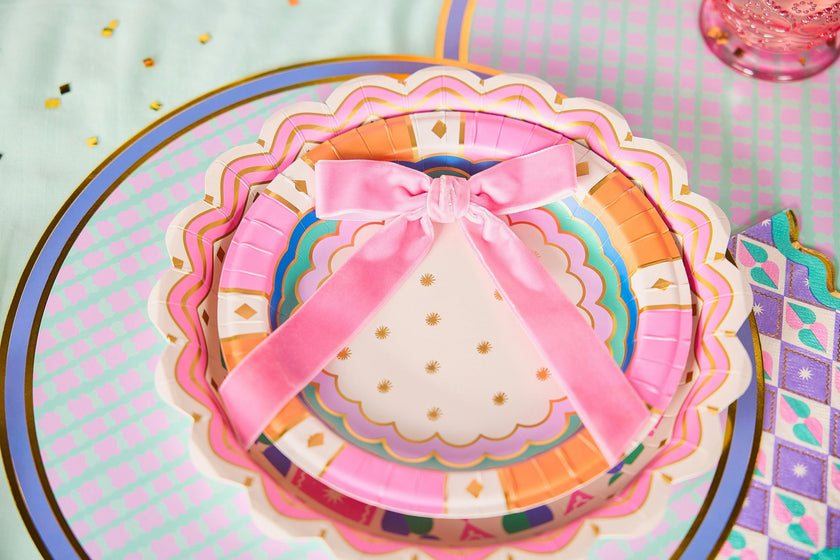 Packed Party Pink Velvet Clip-On Bow Set of 5 - Two Shades of Pink Velveteen Ribbon Bows with Metal Clip for Napkins Place Settings and Party Favors