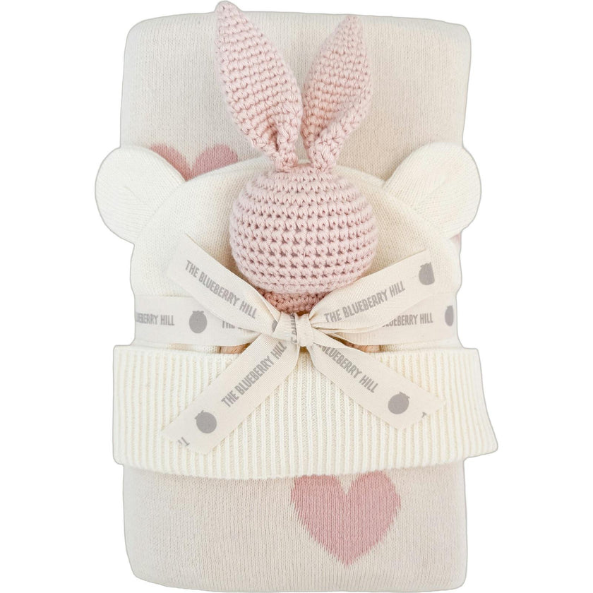Heart I Love You Blanket, Hat, and Bunny Rattle Gift Set